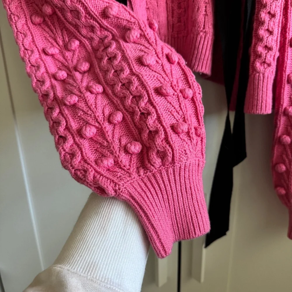 Alice + Olivia Pink Kitty Puff-Sleeve Cardigan Size Large - Picture 8 of 11